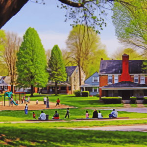Children playing on a park playground with green trees and houses in the background.
