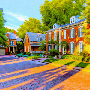 Bright residential neighborhood with historic brick homes, lush greenery, and sunny skies.