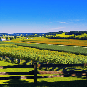 Lush green farmland with rolling hills and blue sky, vibrant and scenic rural landscape.