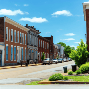 Storm-damaged historic buildings in Louisville, Kentucky with bright sunshine and clear skies.