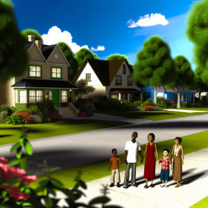 Families walking in a neighborhood with houses, trees, and a sunny sky.