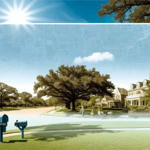 Flooded residential street with large trees and houses under blue sky with sun, after water damage.
