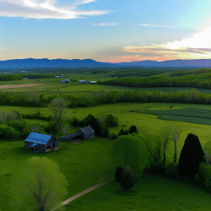 Lush green farmland with scattered barns under a vibrant sunset sky in Louisville, KY.