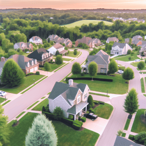 Flooded residential neighborhood with well-maintained lawns, trees, and houses in Louisville, Kentucky.