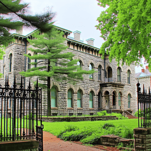 A historic stone mansion surrounded by lush green trees and a black wrought-iron fence.
