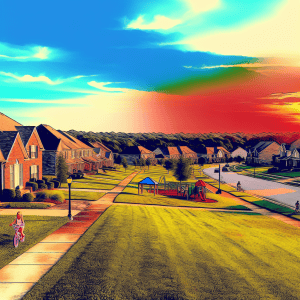 Colorful suburban neighborhood during sunset with well-maintained lawns and playgrounds.