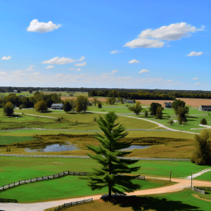Lush green countryside with trees, ponds, and blue sky in Louisville, Kentucky.