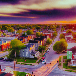 Overhead view of a colorful residential neighborhood at sunset, showcasing houses, streets, and trees.