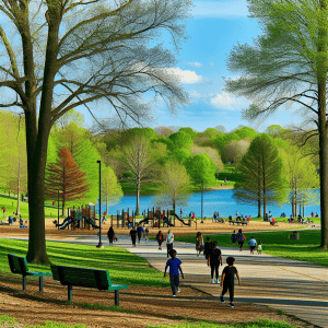 Children playing by a lake in a lush park during daytime.