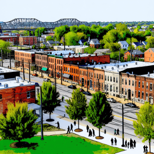 Flooded historic downtown Louisville with colorful buildings and green trees.