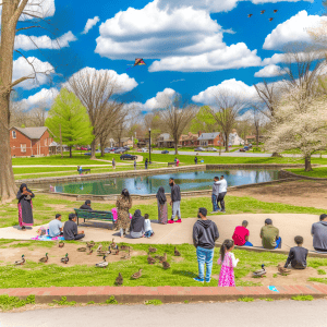 Kids enjoying a park with ducks on the grass and people gathering near a pond on a sunny day.