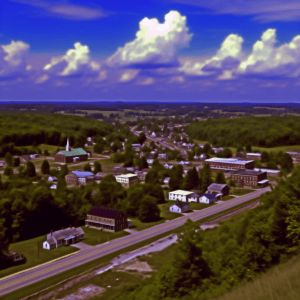 Aerial view of Louisville neighborhood with houses, roads, and greenery under cloudy sky.
