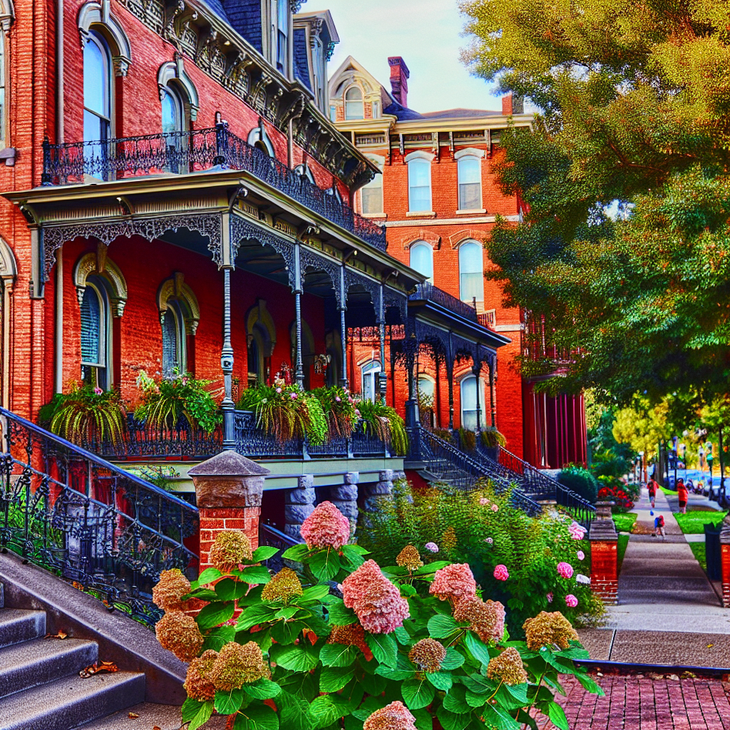 Old Louisville KY Colorful historic brick house with decorative iron balconies and lush garden in a neighborhood.