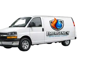 Emergency water damage cleanup vehicle with logo.